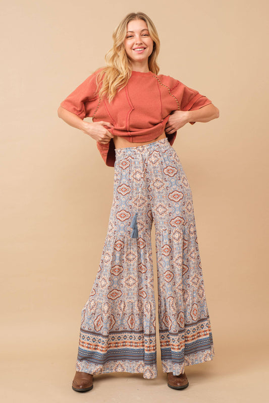 Aztec Geo Block Pattern Tiered Wide Pants