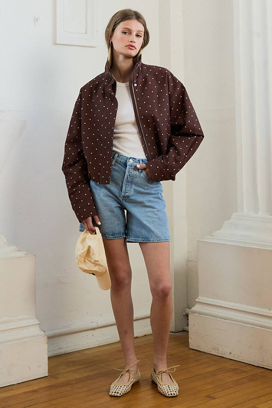 Polka Dot High Neck Drawstring Full Zip Jacket -BROWN DOT