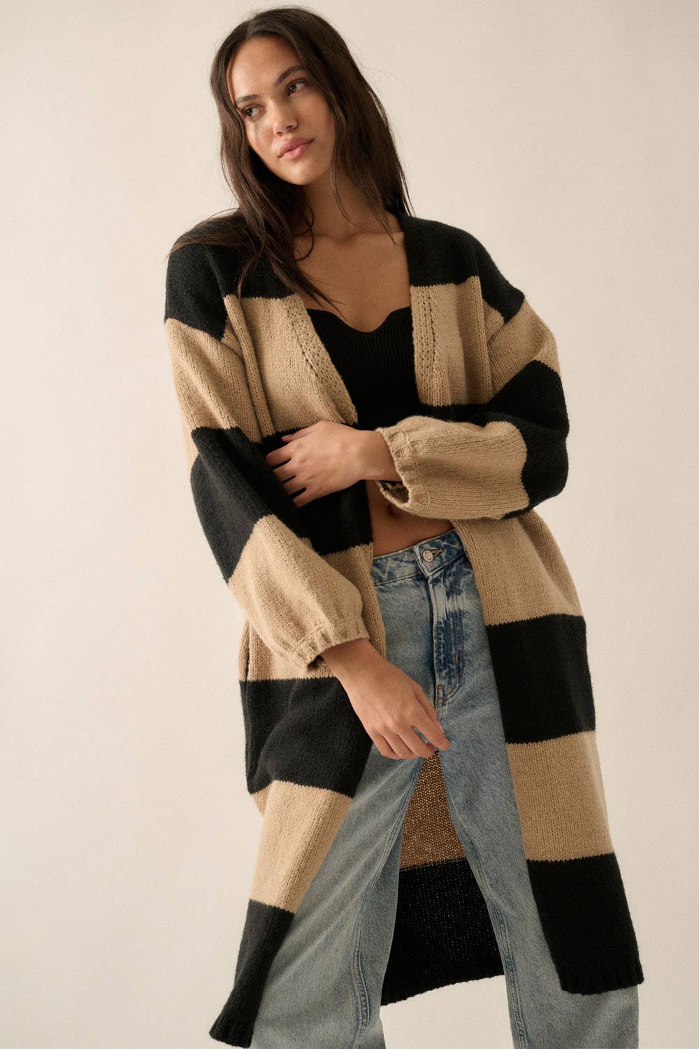 Striped Knit Open-Front Duster Pocket Cardigan: Pine-Starlight Blue