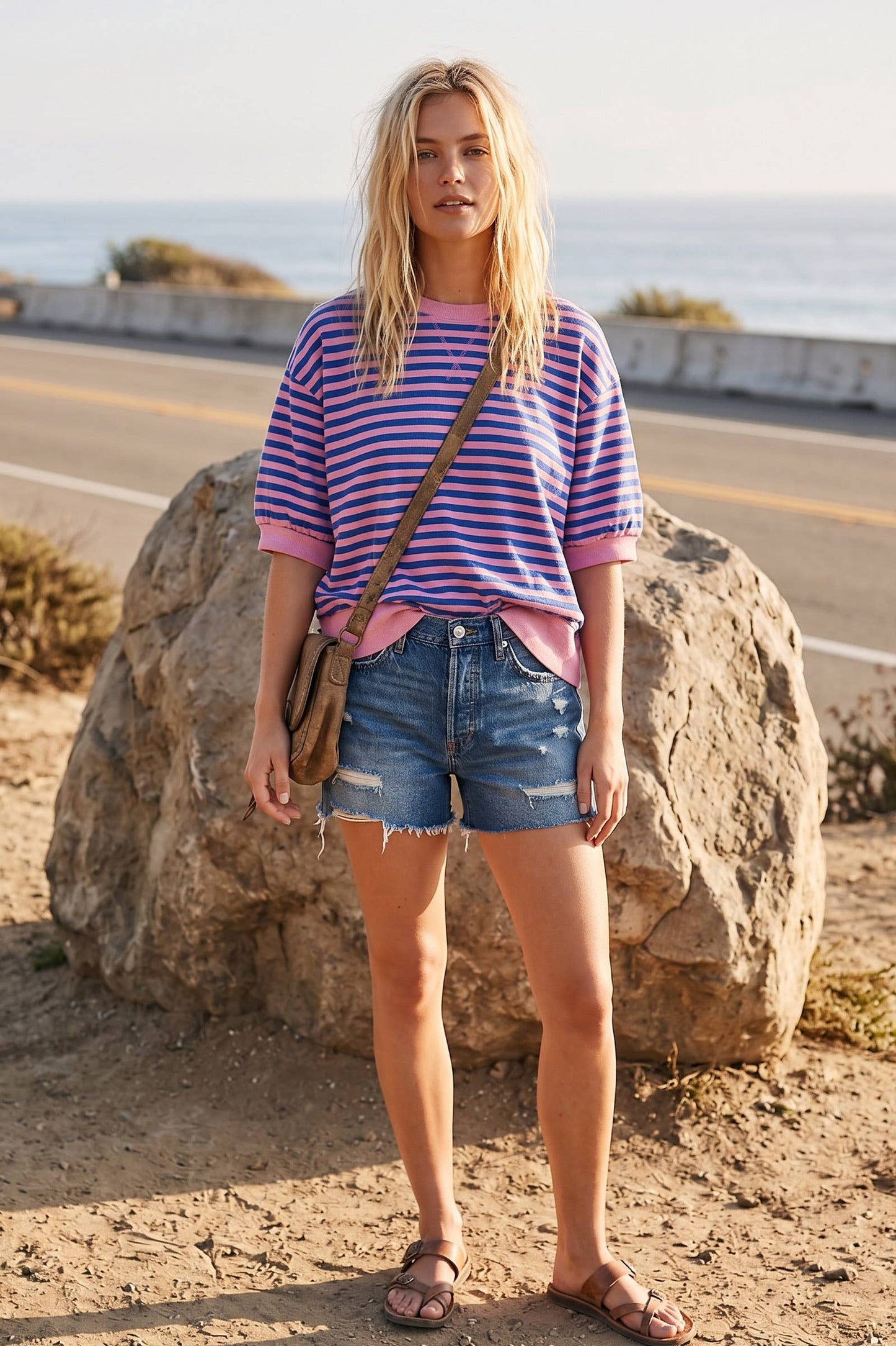Striped Contrast Trim Knit Top: PINK/ROYAL