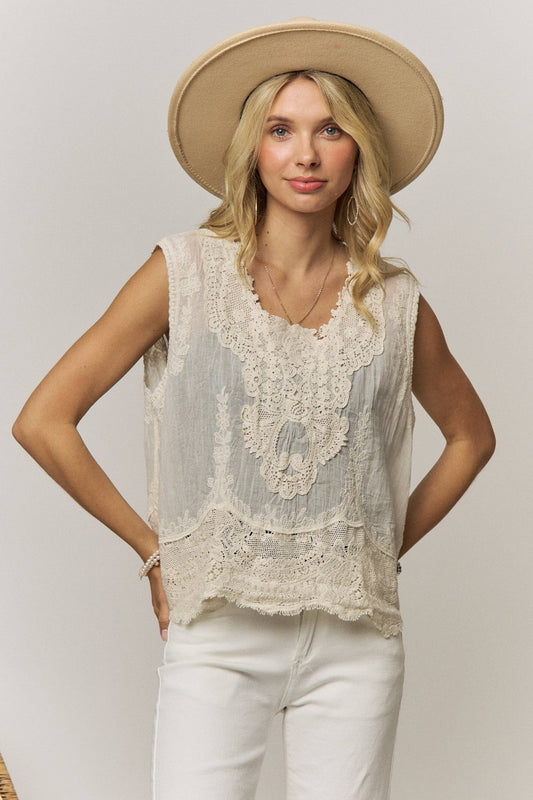 BOHO LACE DETAIL BLOUSE: Beige