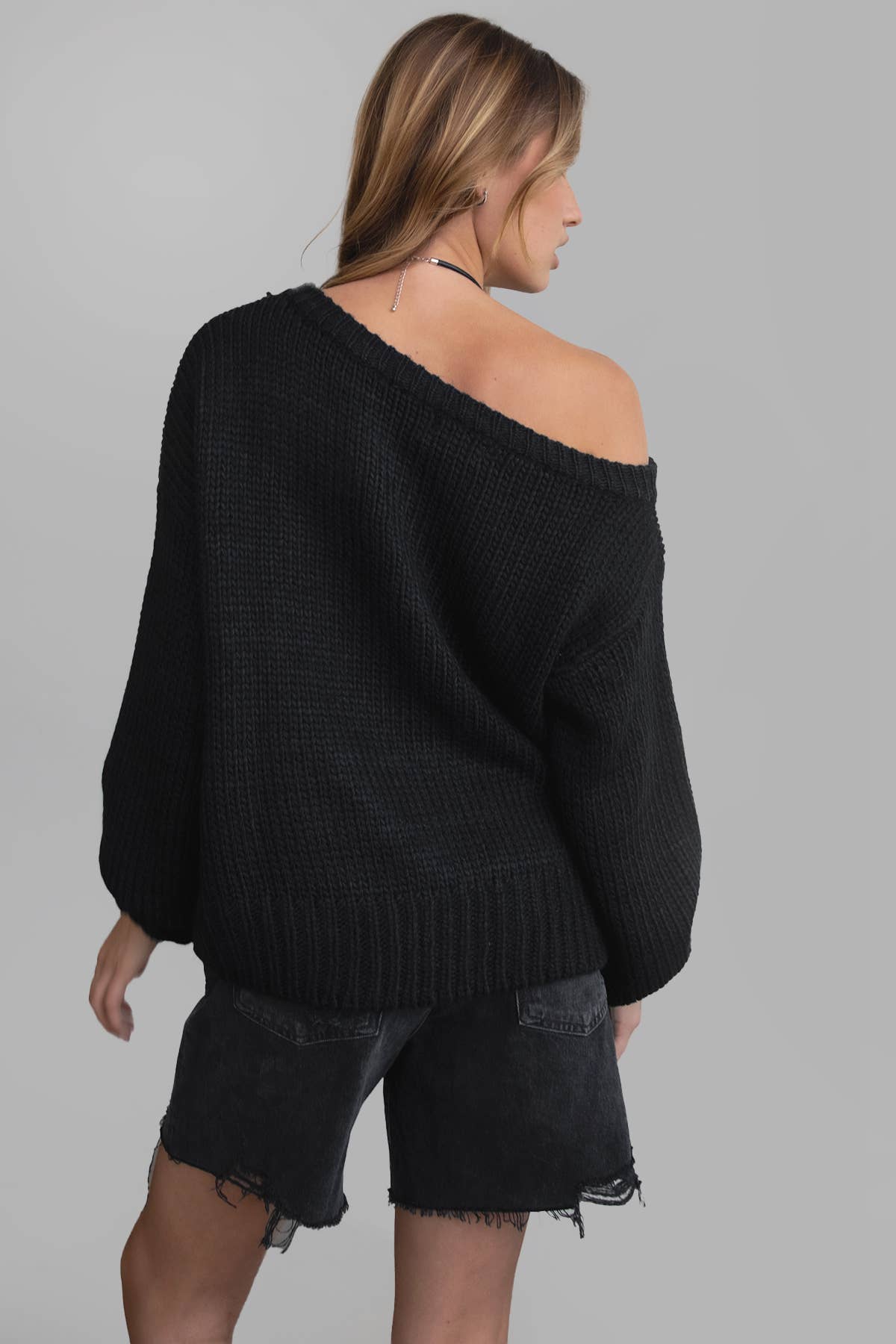 BRANDY Ribbed Knit Off The Shoulder Relaxed Sweater: Navy