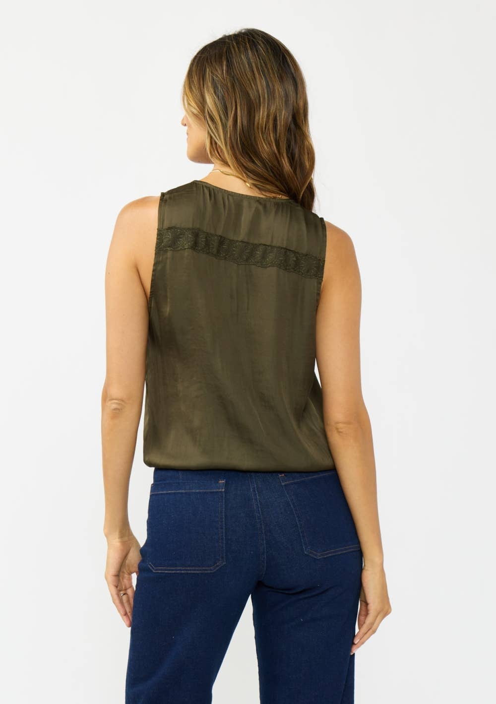 Sleeveless Embroidered Surplice Top with Elastic Hem: OLIVE