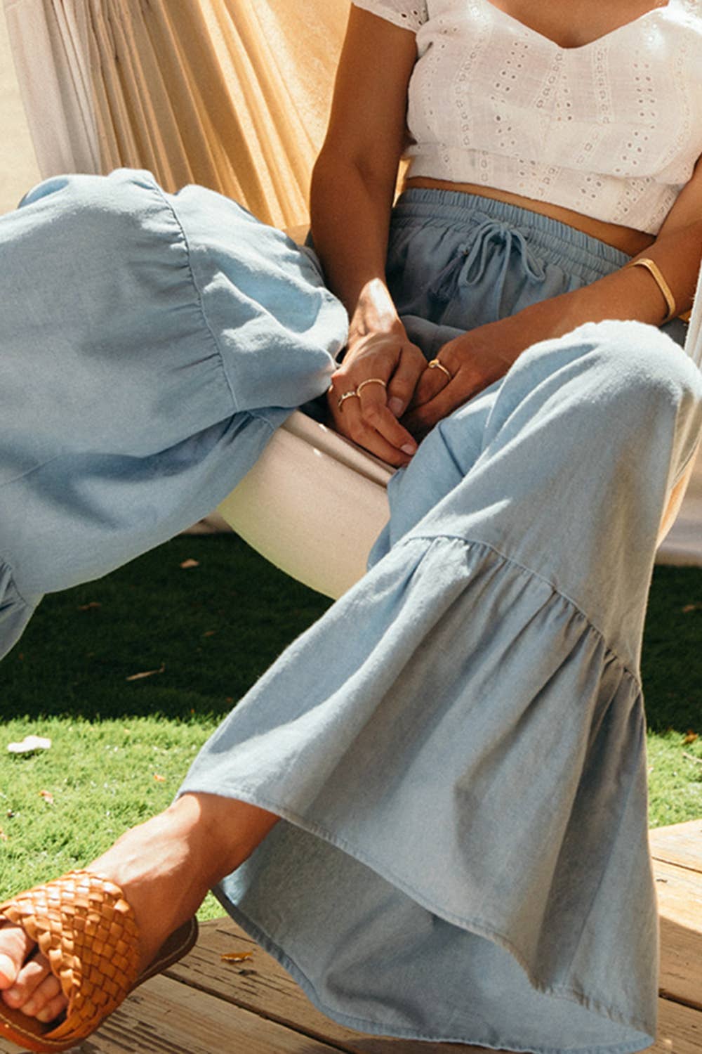 Chambray Tiered Wide Leg Pants