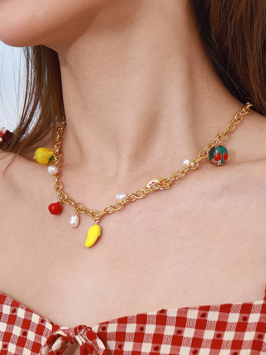 Positano 18K Gold Non-Tarnish Fruit Charm Necklace: Multi-Colored