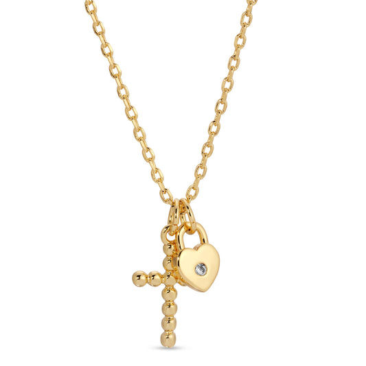 Cross and Heart Pendant Necklace: Gold