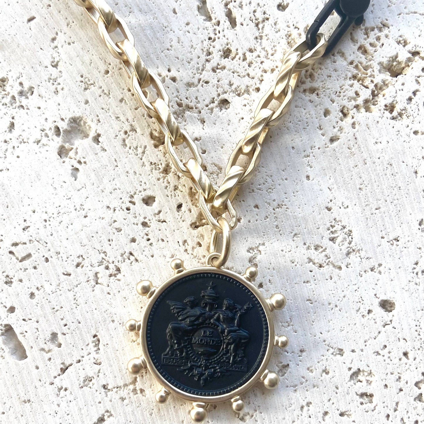 Matte gold coin necklace matte black clasp