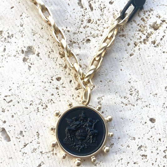 Matte gold coin necklace matte black clasp