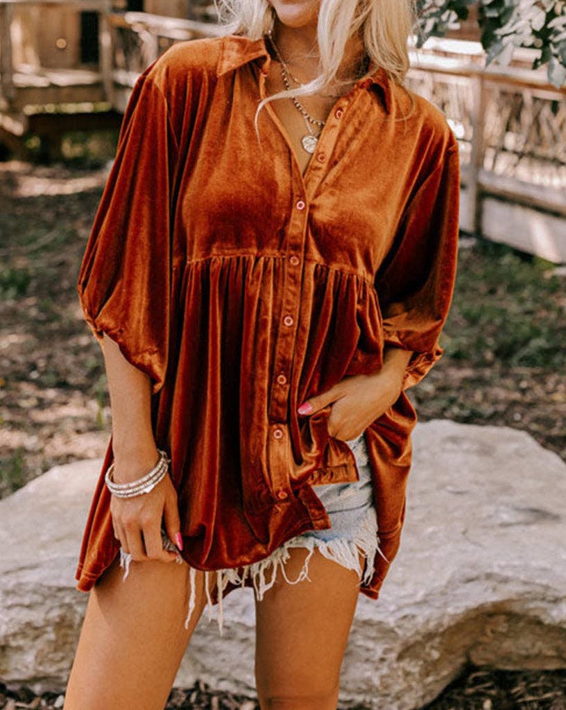 Velvet Lantern Sleeve Babydoll Shirt - Chestnut