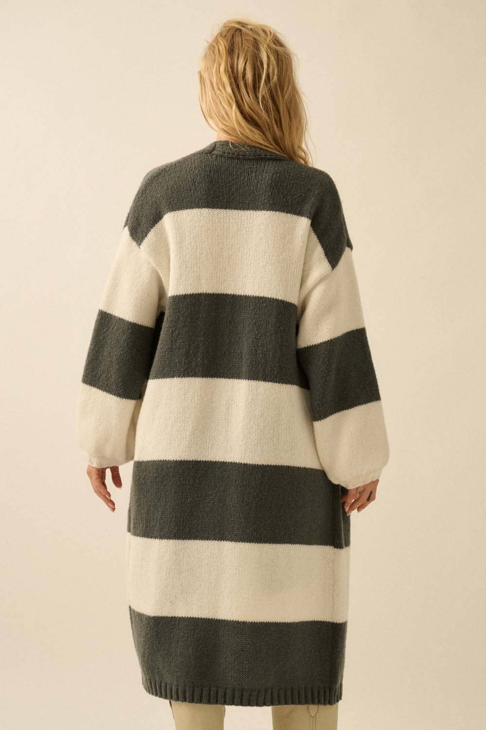 Striped Knit Open-Front Duster Pocket Cardigan: Pine-Starlight Blue