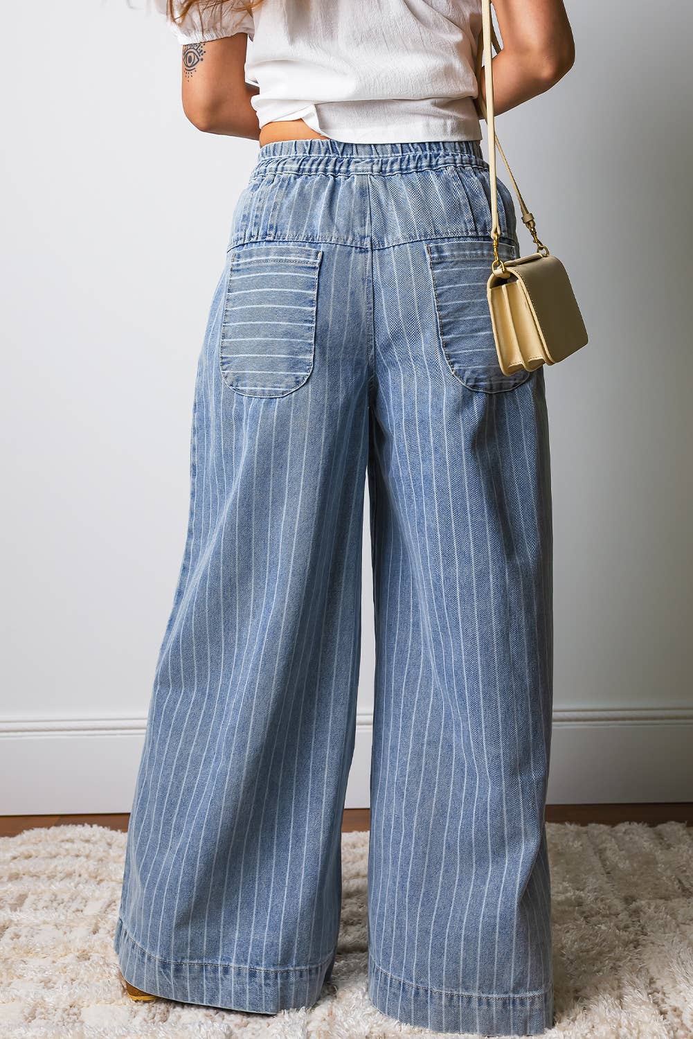 Stripe Button Pleated Drawstring Wide Leg Jeans | Sky Blue Stripe