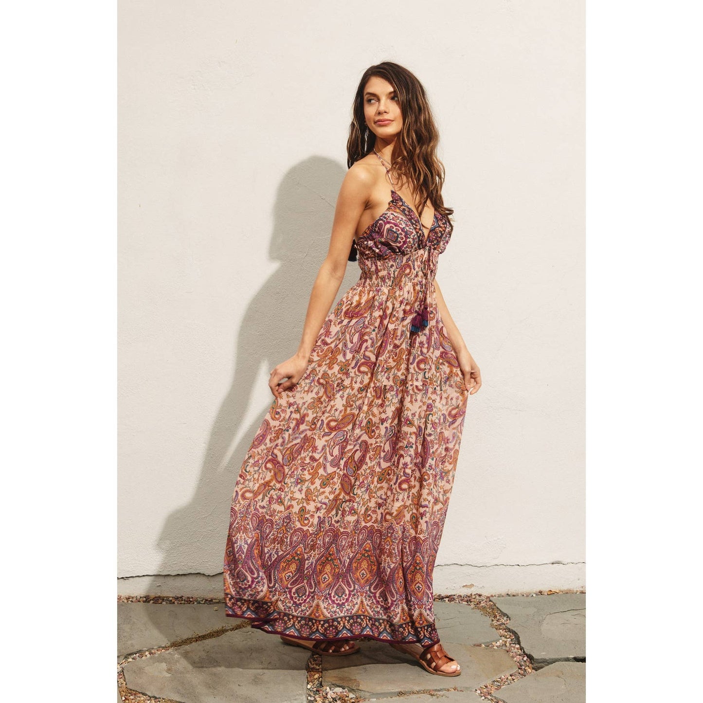 Easy To Love Halter Open Back Maxi Dress: SOFT PAISLEY