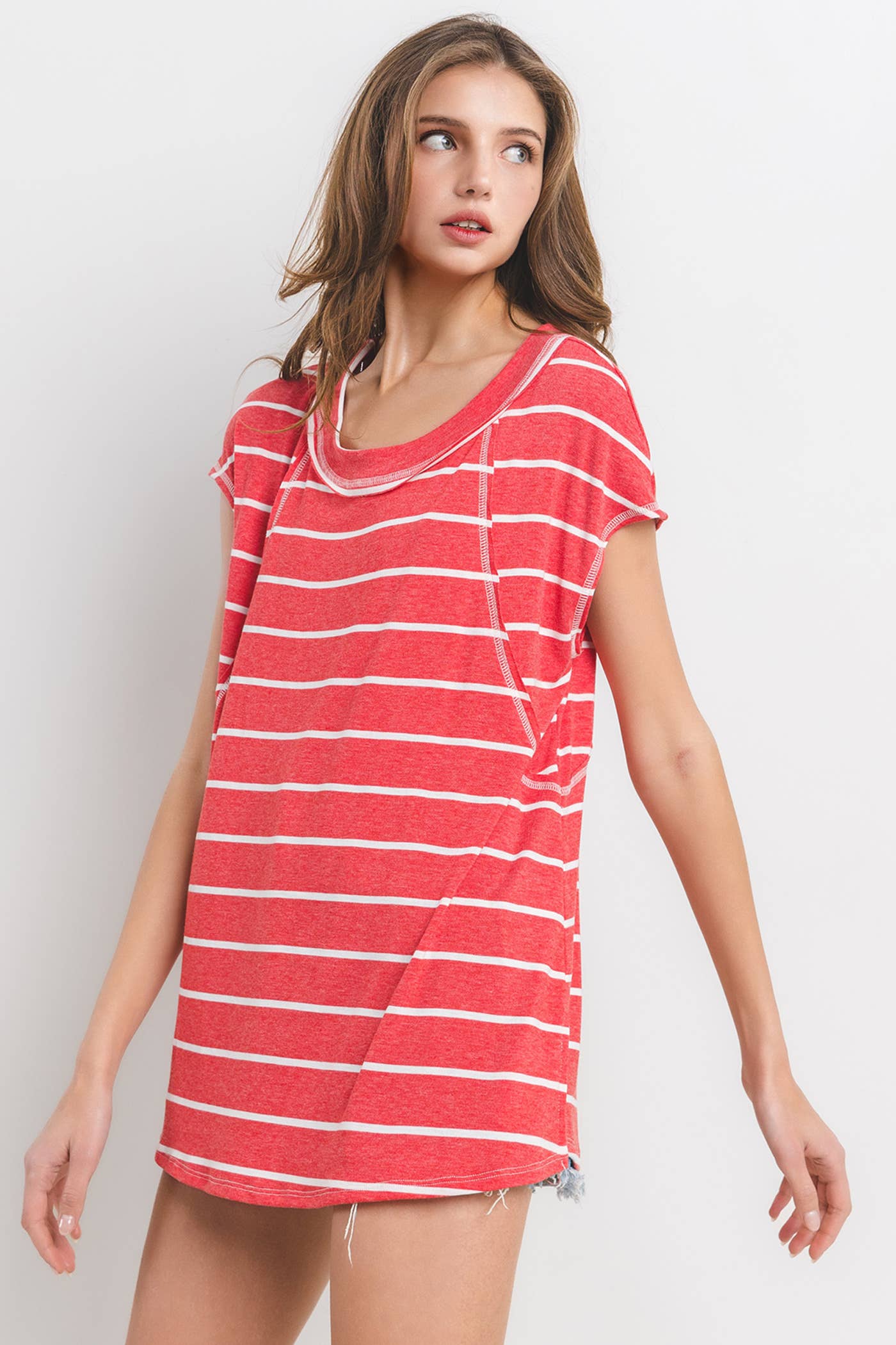 Striped Short Sleeve Knit Top / Red