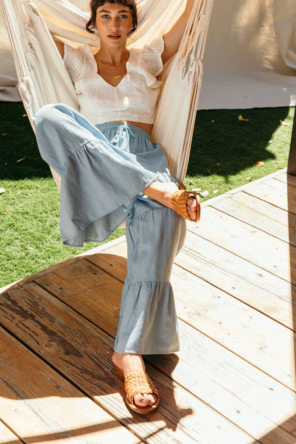 Chambray Tiered Wide Leg Pants