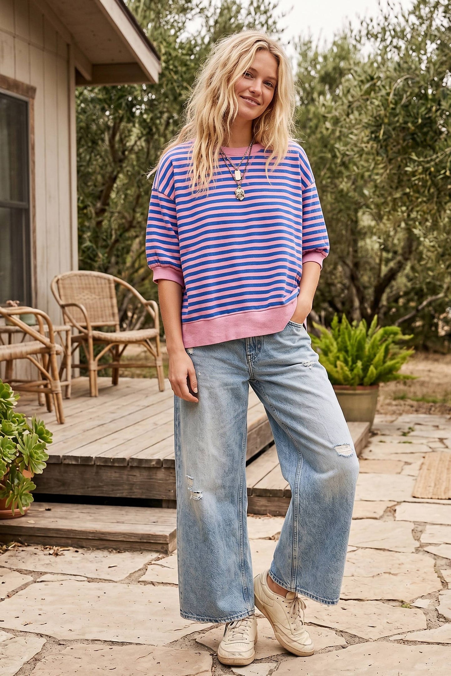Striped Contrast Trim Knit Top: PINK/ROYAL