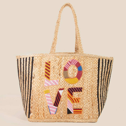 Vibrant Seed Beaded Love Jute Tote Bag