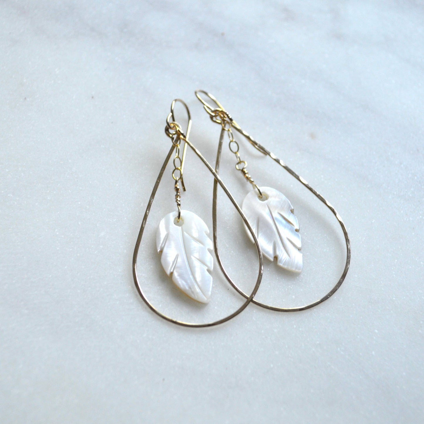 Mother of Pearl Leaf Teardrop Earrings: Gold Filled