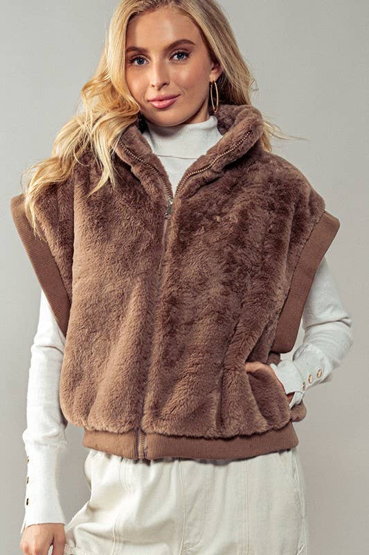 Frosted Fur Zip Up Vest: TAUPE