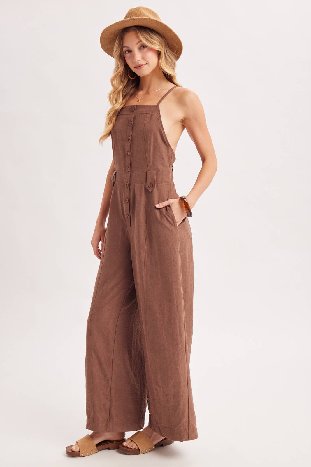 Button Down Wide Leg Jumpsuit