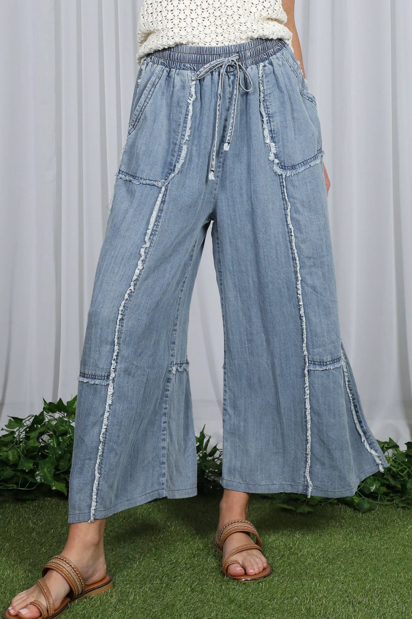 Frayed Tencel Chambray Palazzo Pants