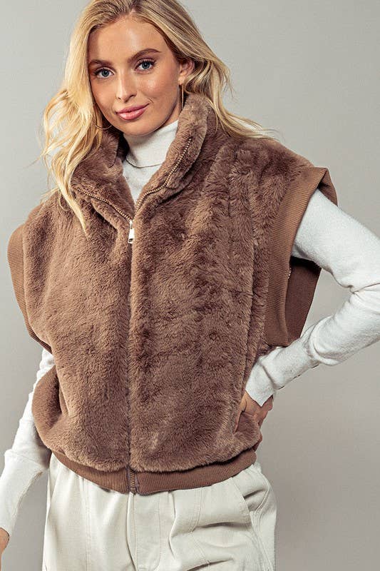 Frosted Fur Zip Up Vest: TAUPE