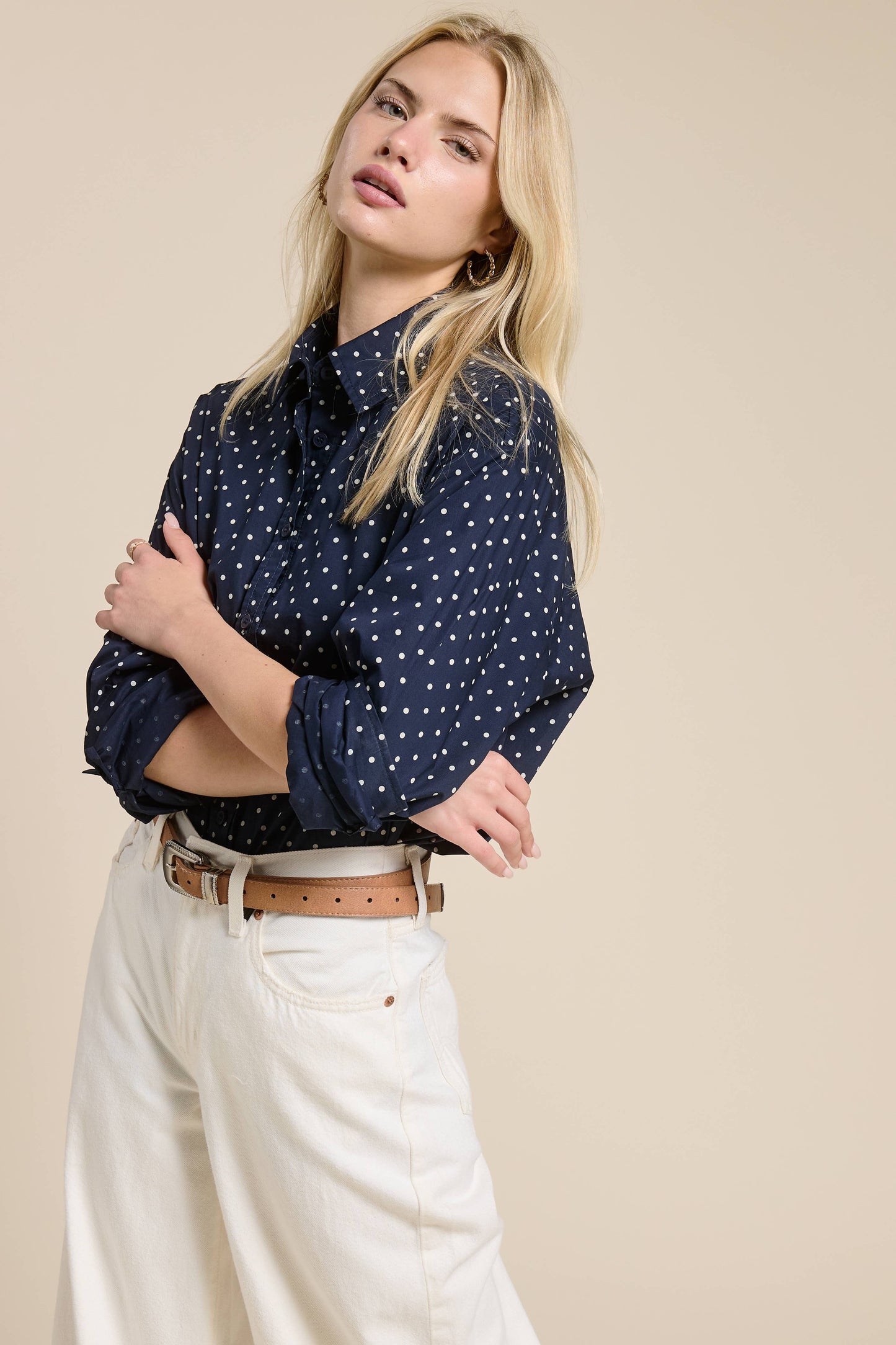 Polka Dot Oversized Button Down Shirt: Navy