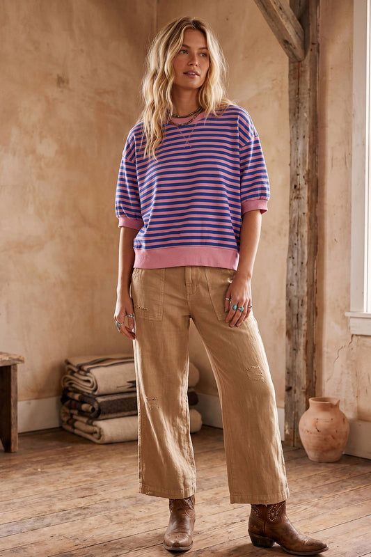 Striped Contrast Trim Knit Top: PINK/ROYAL