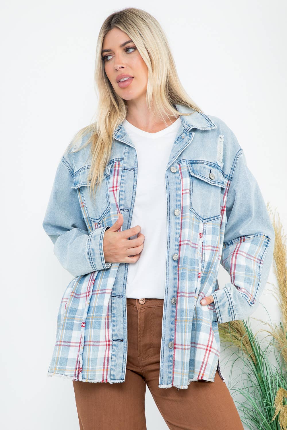 Oversized Denim and Plaid  Shacket: Lt Blue