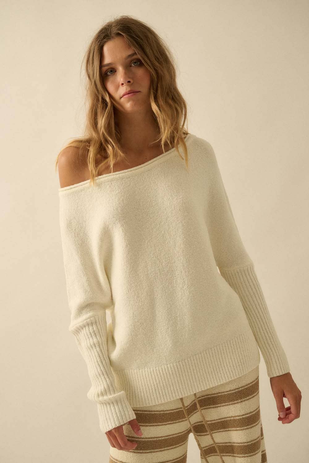 Textured Knit One-Shoulder Boatneck Dolman Sweater: Cream