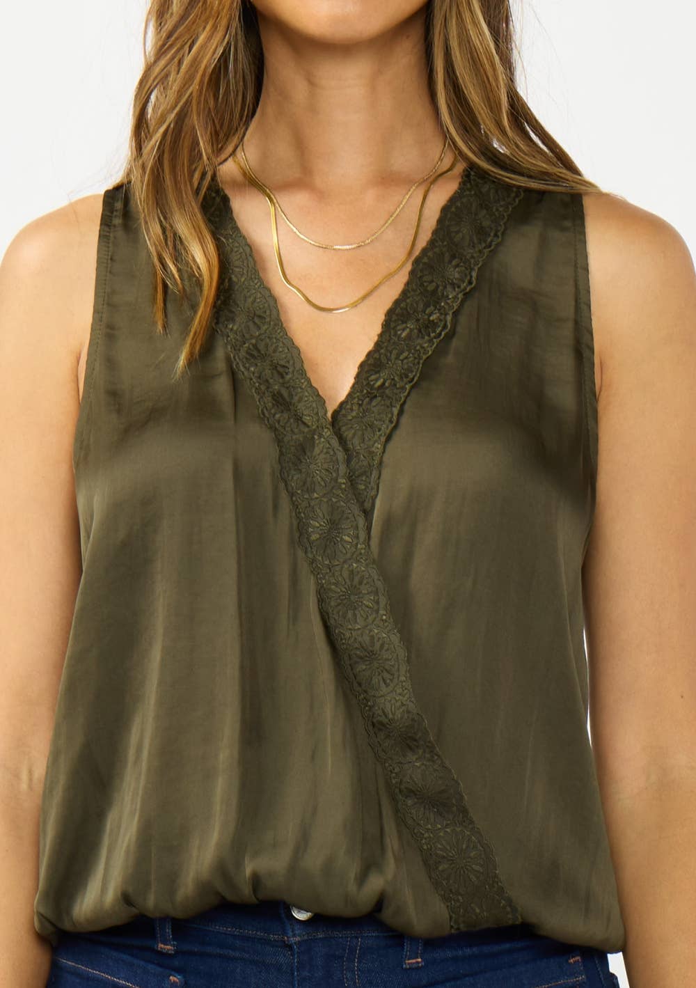 Sleeveless Embroidered Surplice Top with Elastic Hem: OLIVE