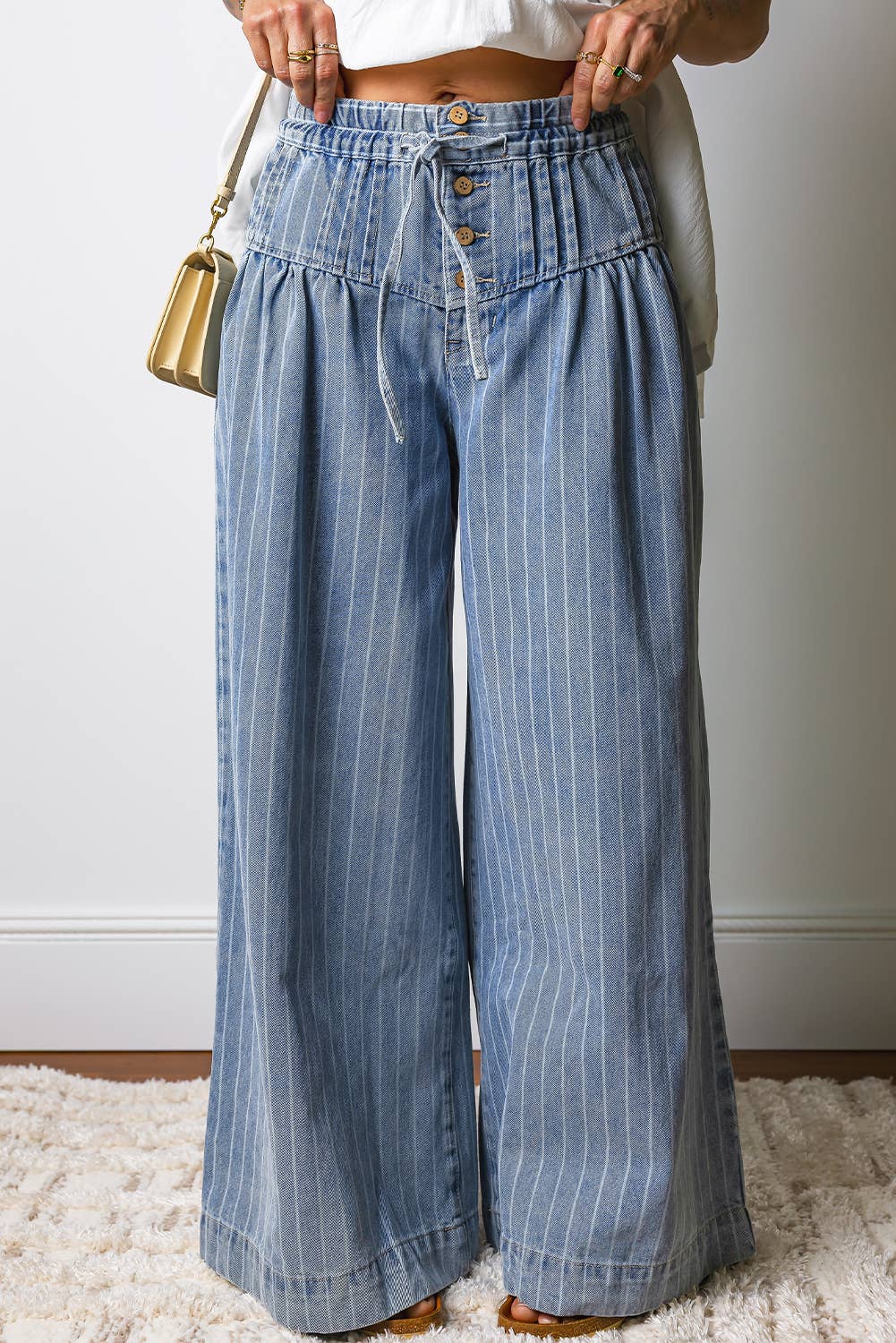 Stripe Button Pleated Drawstring Wide Leg Jeans | Sky Blue Stripe