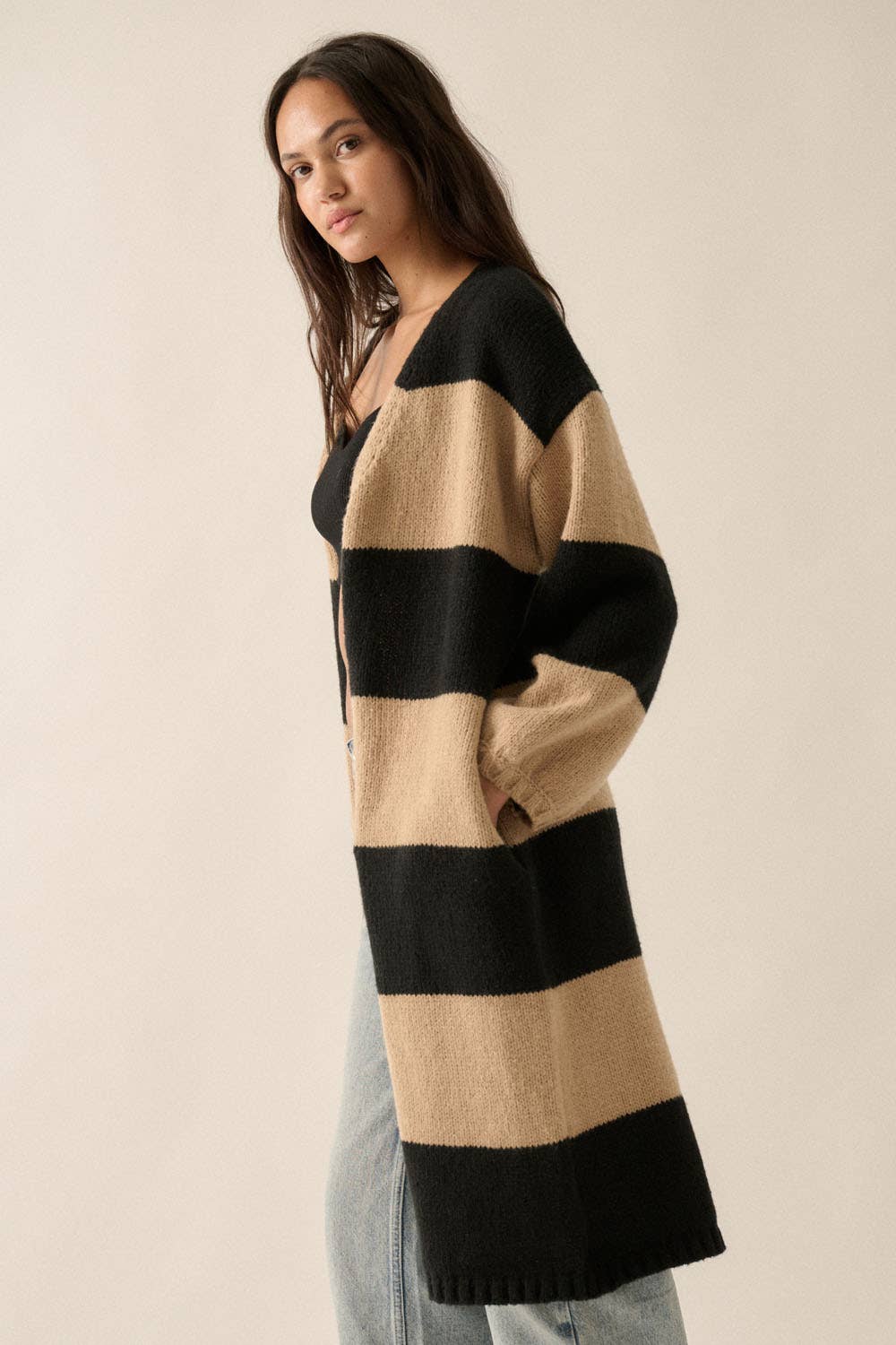 Striped Knit Open-Front Duster Pocket Cardigan: Pine-Starlight Blue