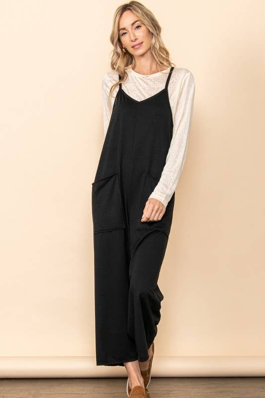 French Terry Front Pocket Overall Romper: Black