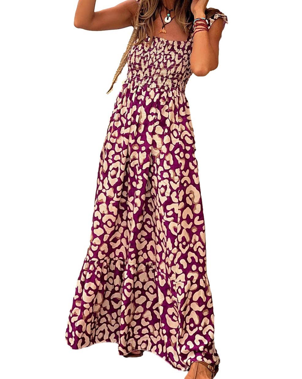 Leopard Ruffle Straps Maxi Dress: Plum