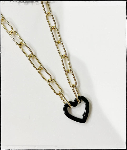 Gold Paperclip Necklace with Carabiner Heart:Black