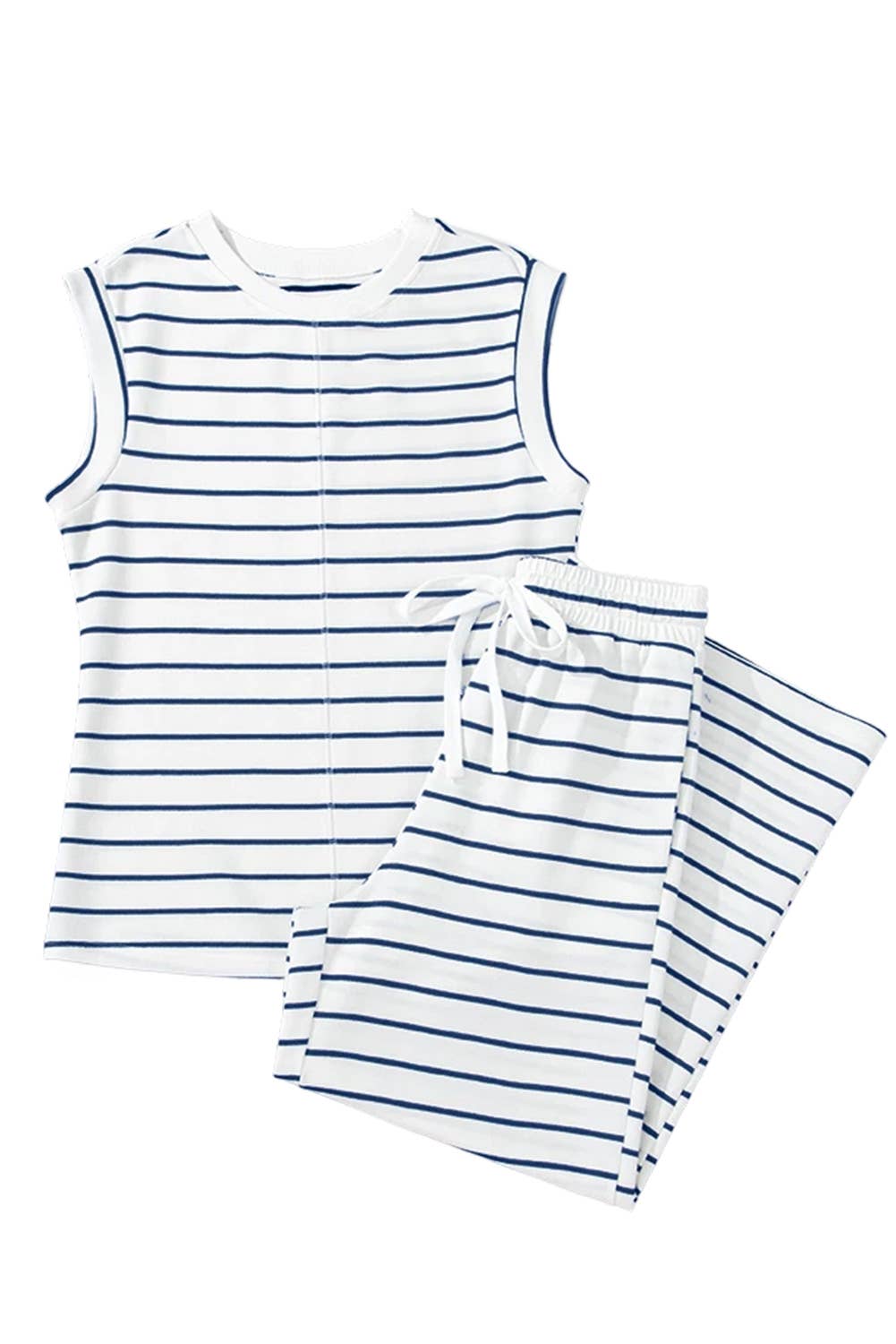 Casual Style Striped Short Sleeve Two-Piece Set | Blue/White