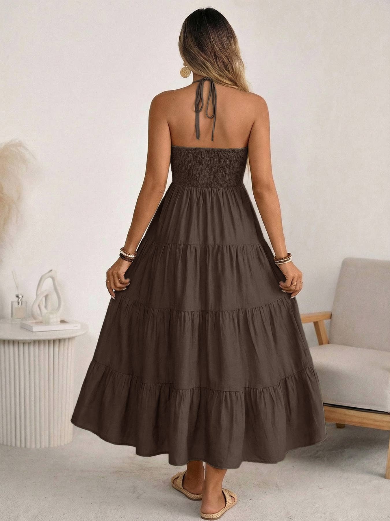 Halter V Neck Tiered Maxi Dress Coffee Brown