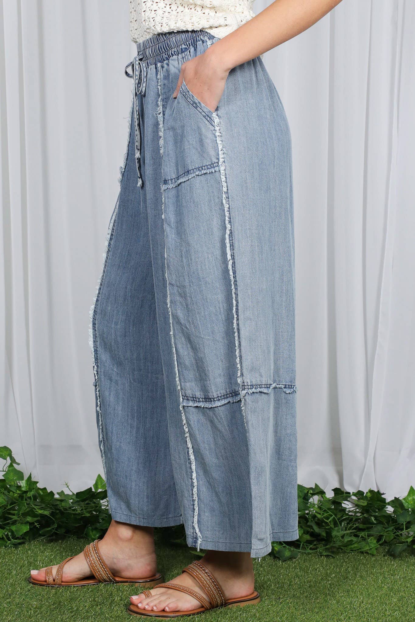 Frayed Tencel Chambray Palazzo Pants