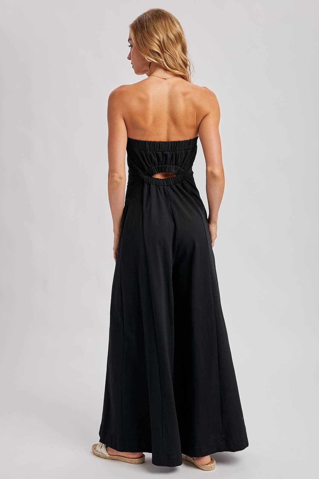 STRAPLESS BANDEAU WIDE-LEG JUMPSUIT WITH POCKETS: Black