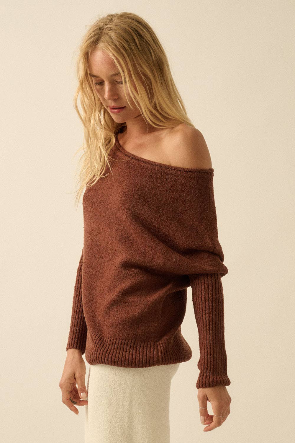 Textured Knit One-Shoulder Boatneck Dolman Sweater: Cream
