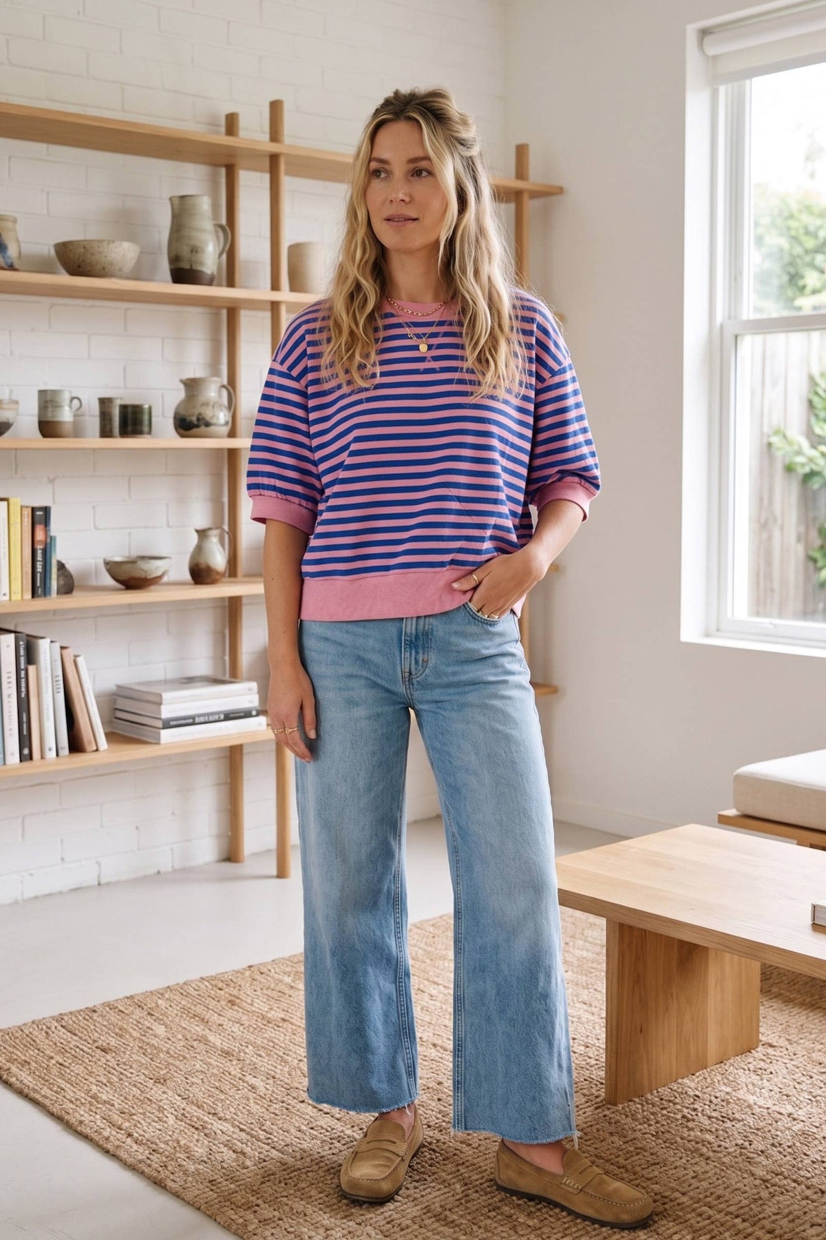 Striped Contrast Trim Knit Top: PINK/ROYAL