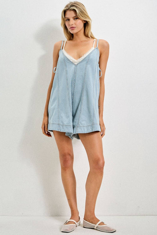 Striped Denim V-Neck Strappy Romper