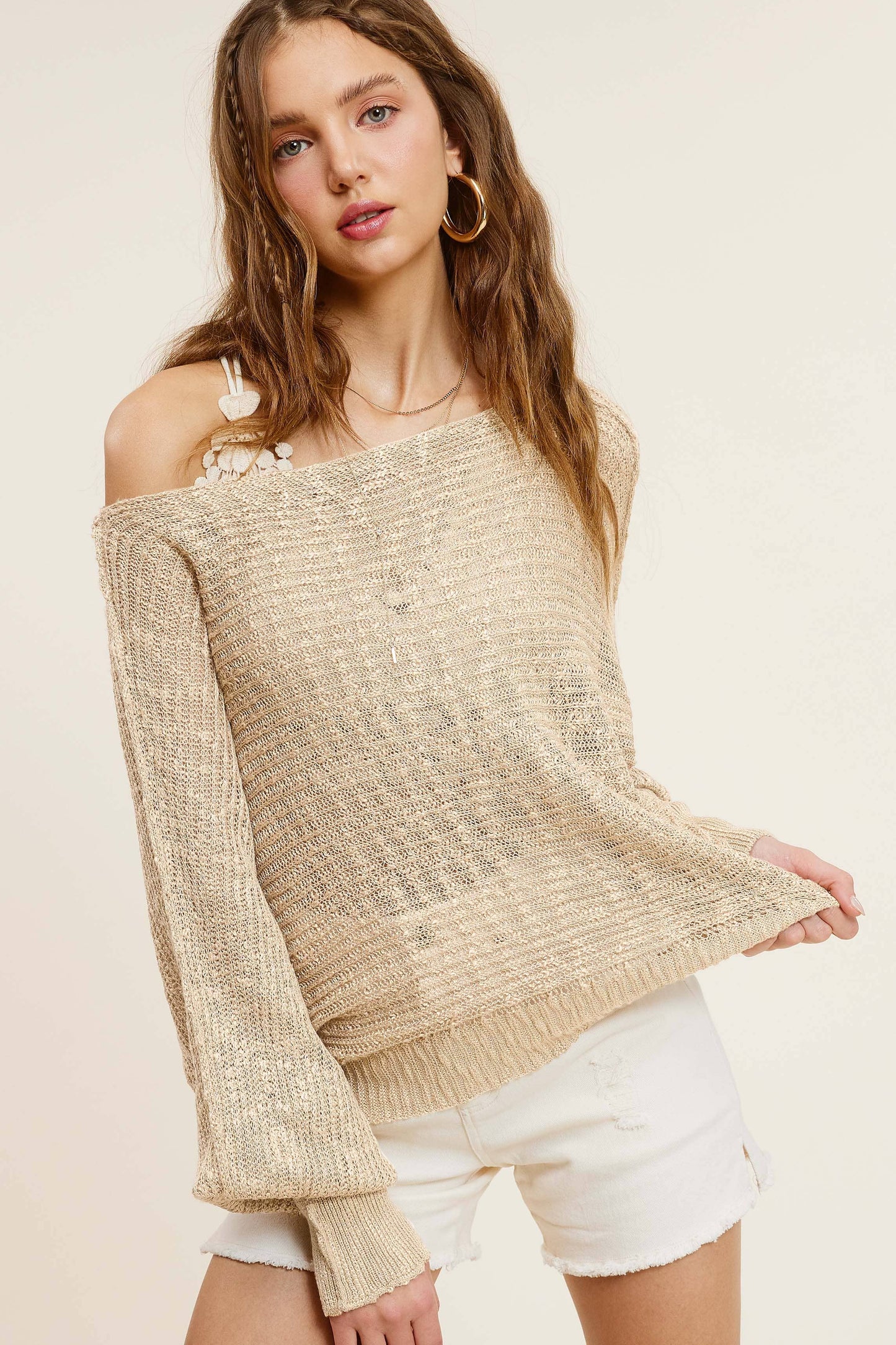 Lightweight Dolman Sleeve Boat Neck Sweater Top: Soy Latte