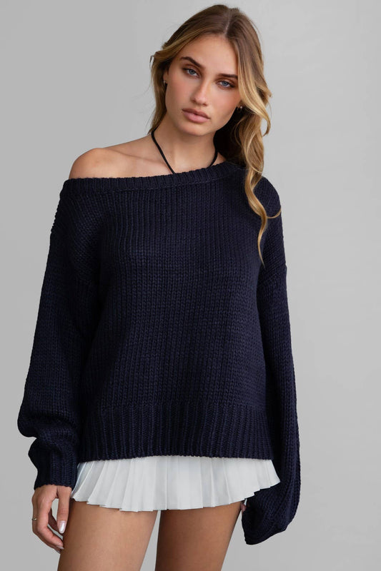 BRANDY Ribbed Knit Off The Shoulder Relaxed Sweater: Navy