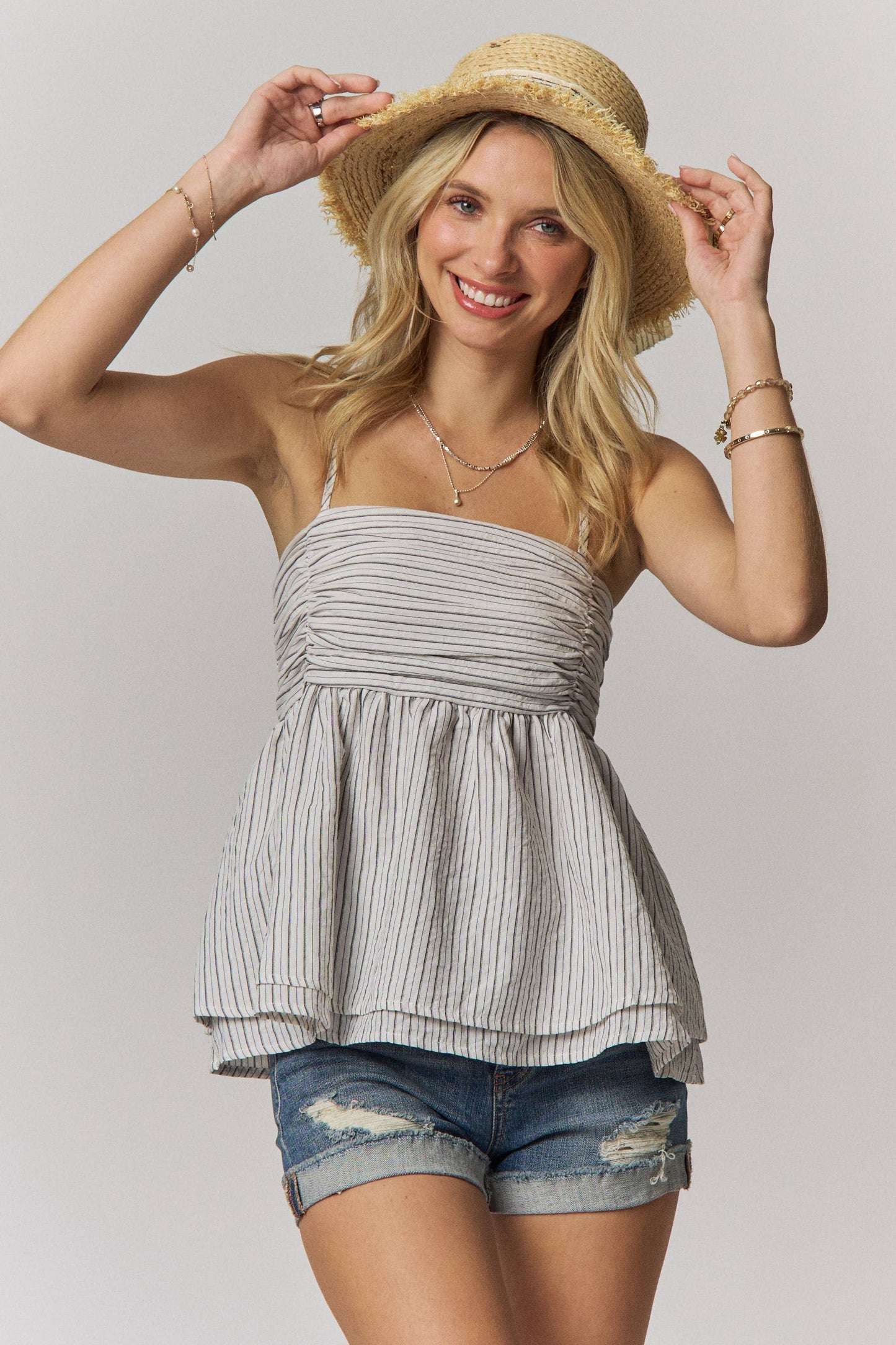 STRIPED PEPLUM TOP: WHITE/BLACK