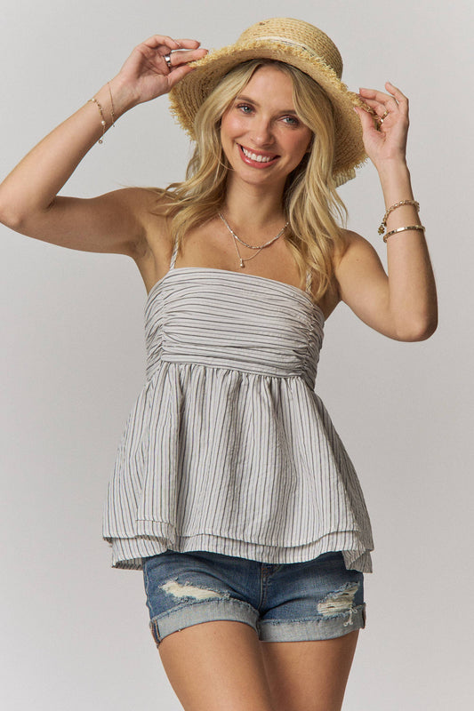 STRIPED PEPLUM TOP: WHITE/BLACK