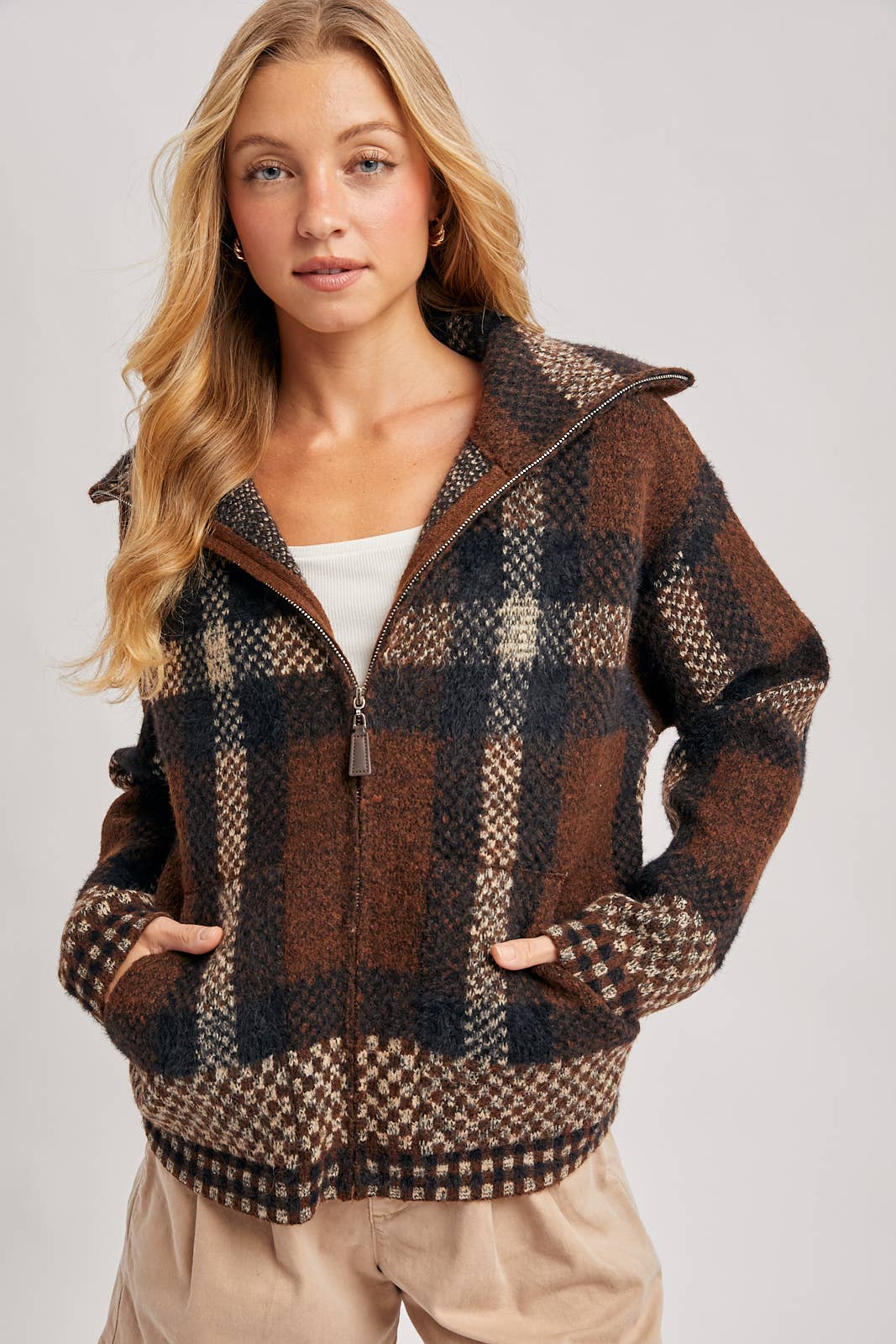 Plaid Knit Sweater Jacket