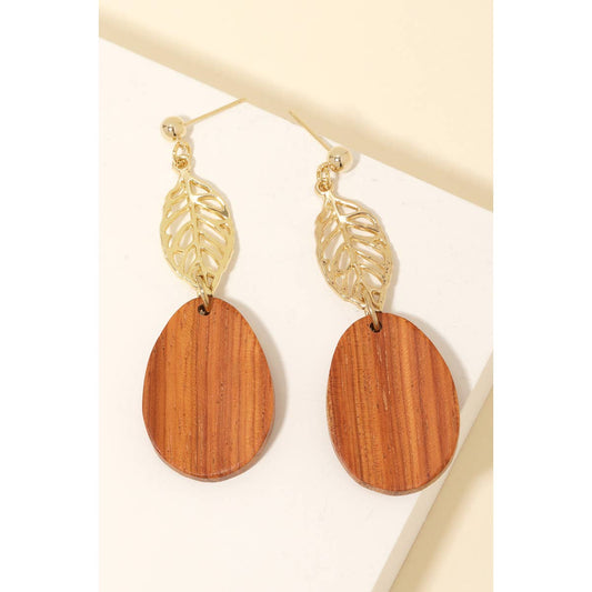 Leaf Wooden Oval Drop Earrings: Brown