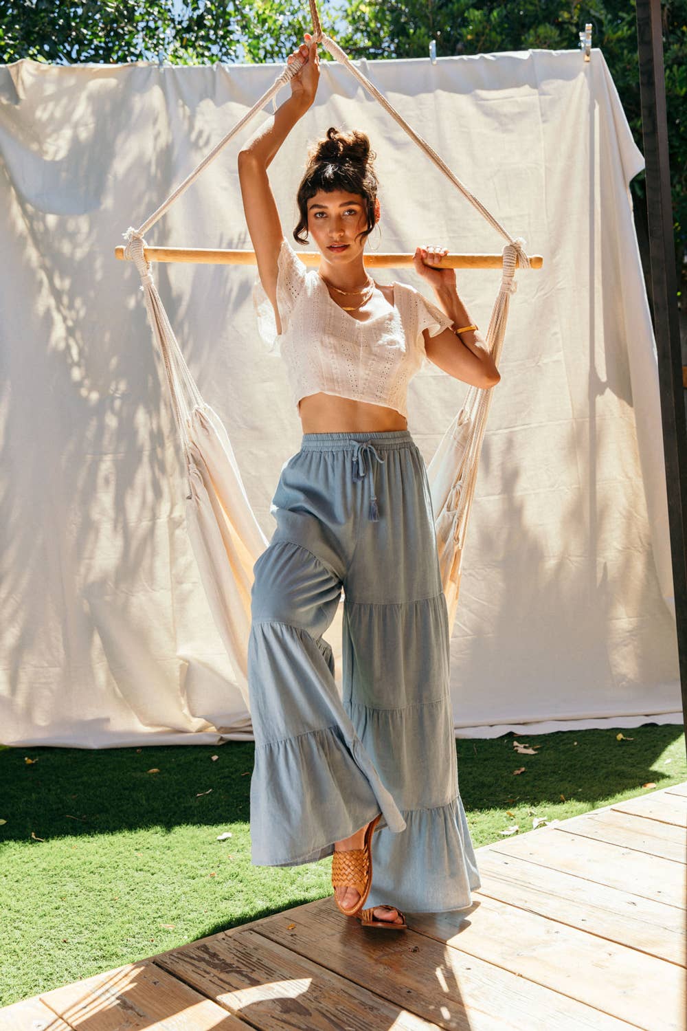 Chambray Tiered Wide Leg Pants