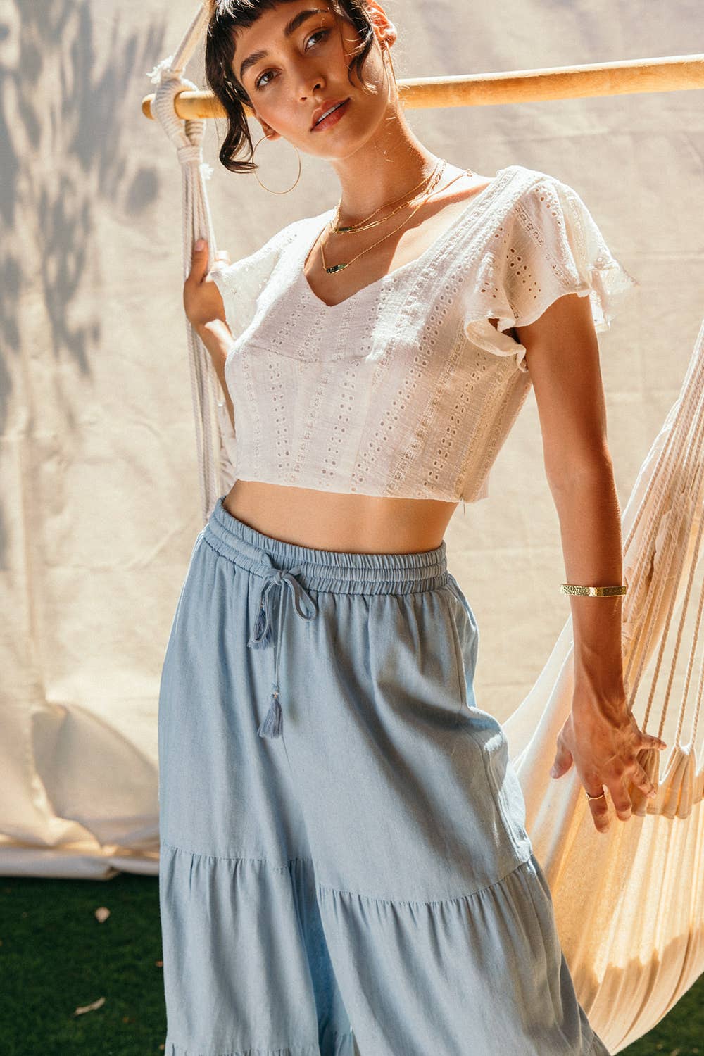 Chambray Tiered Wide Leg Pants